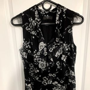 NWOT Tahari Black and White Floral Print Top With Lacey Shoulders, Size Small